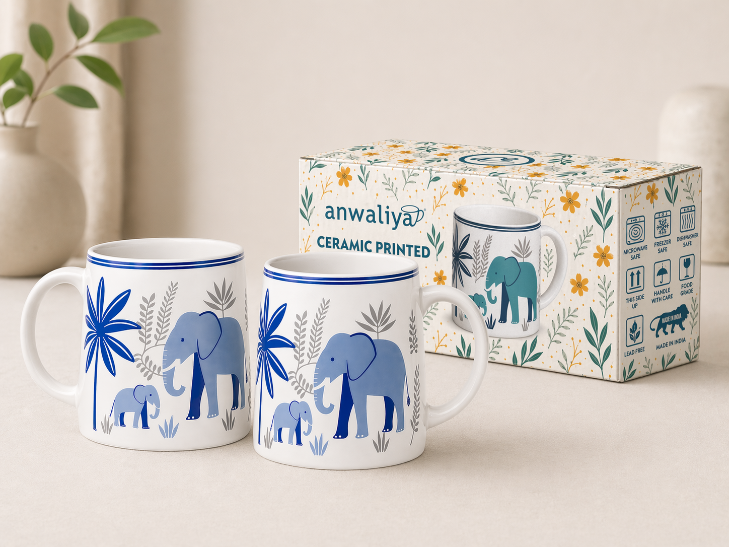 Anwaliya Airavat Series Ceramic Coffee Mug, Elephant – Set of 2